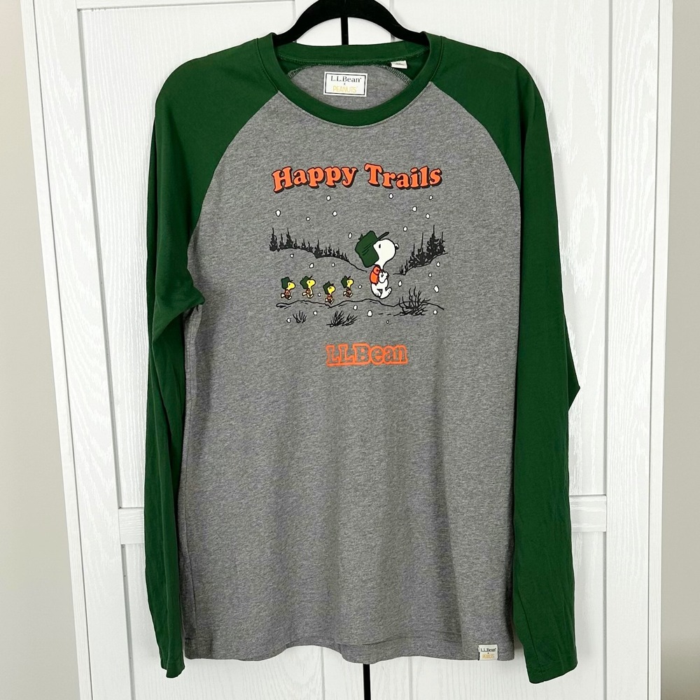 LL Bean X Peanuts Snoopy Happy Trails Raglan Long Sleeve Tee Shirt Green Grey XL